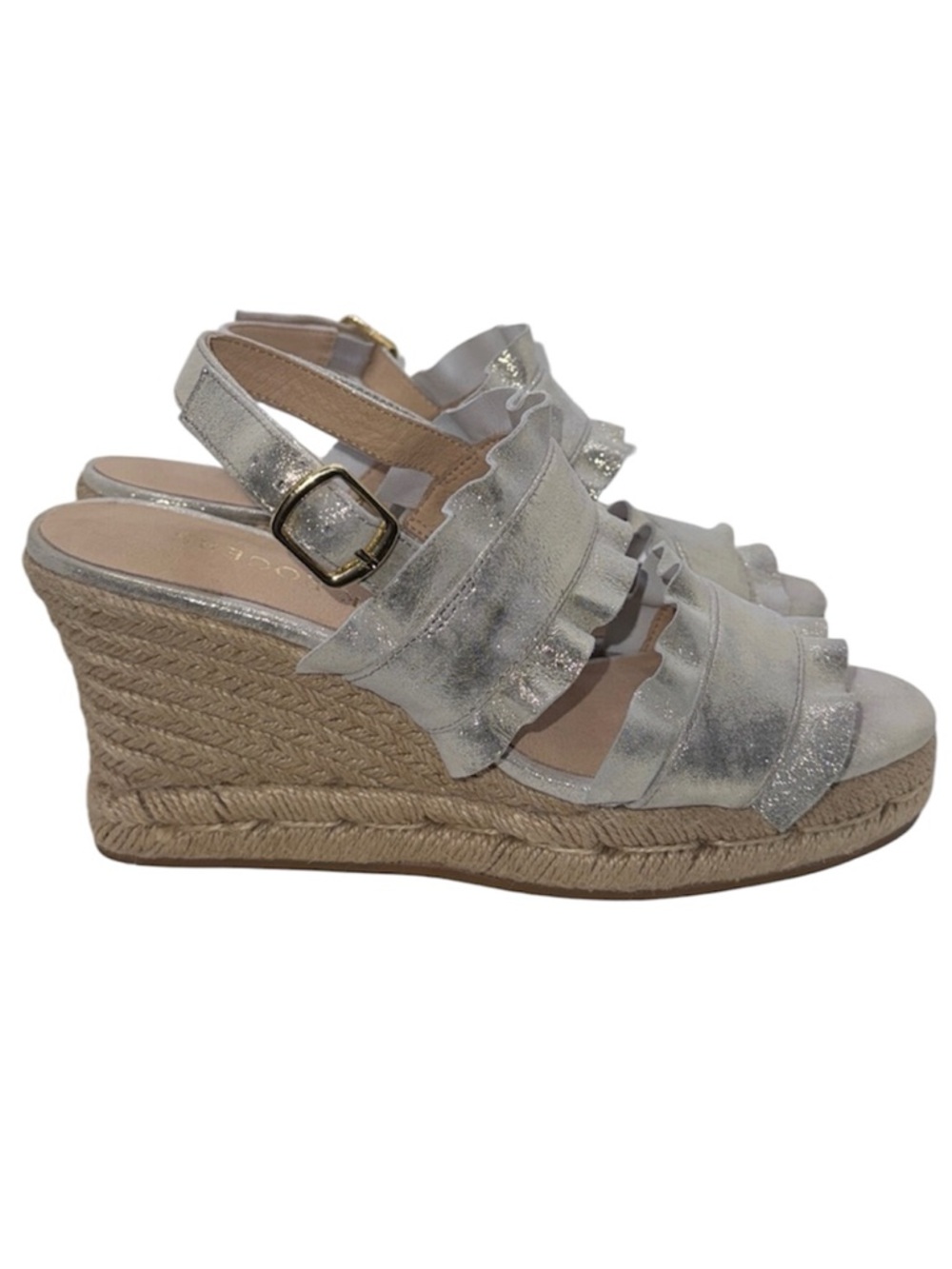 Jack Rogers Rosie Ruffle Wedge Sandals Women’s Size 7.5 Metallic Silver Leather